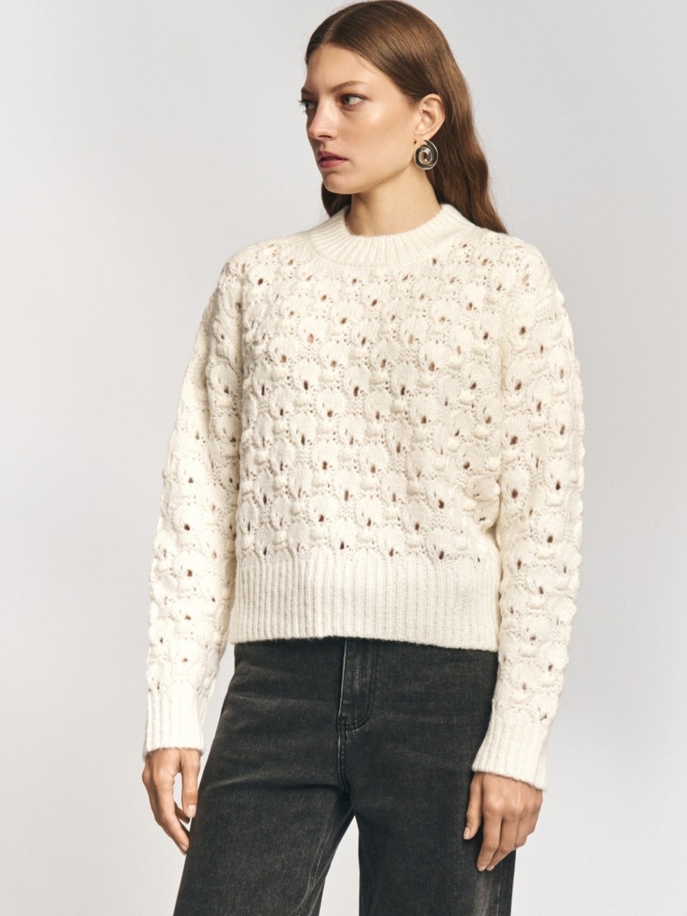 ZARA Cream Textured Popcorn Bobble Open Knit Sweater Chunky Crewneck